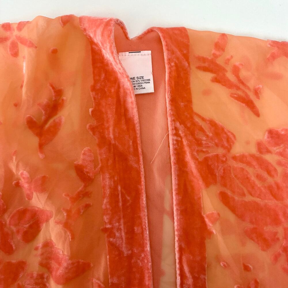 Coral-Orange Burned Out Velvet Kimono with Fringe - OS to 2X - Boho - Picture 3 of 6